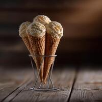 Three ice cream cones stacked in a wire holder against a wooden background photo
