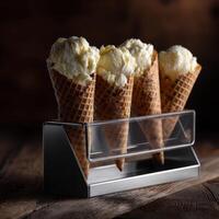 Delicious ice cream cones displayed elegantly on a wooden table photo