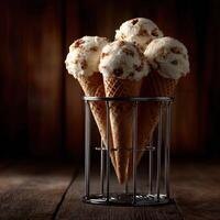 Freshly scooped ice cream cones on display in a rustic setting photo