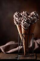 Delicious chocolate ice cream cones stacked in a stylish holder photo