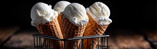 Four ice cream cones stacked in a basket on wooden table photo
