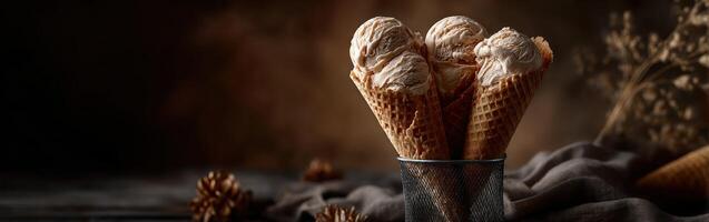 Ice cream cones in a rustic setting with warm lighting and natural elements photo