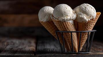 Delicious creamy ice cream cones arranged in a rustic setting photo