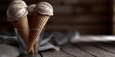 Delicious ice cream cones on rustic wooden table with cozy ambiance photo