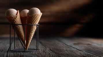 Delicious ice cream cones in a rustic setting on a wooden table photo