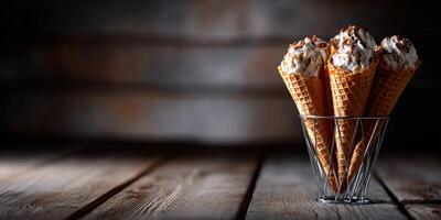 Delicious ice cream cones served in a rustic container on wooden table photo