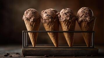 Delicious chocolate ice cream cones displayed in a rustic setting photo