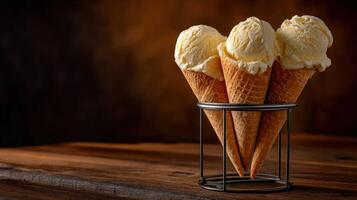 Creamy vanilla ice cream scoops in waffle cones on rustic wood photo
