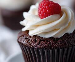 Moist chocolate cupcake topped with cream and raspberry on a white background photo