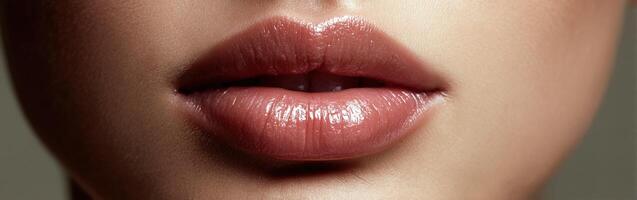 Close-up of glossy lips showcasing a natural beauty look in soft lighting photo