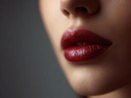 Close-up of a woman's lips adorned with deep red lipstick in soft light photo