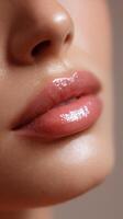 Glossy soft lips highlighted with a natural sheen in close-up view photo