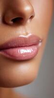 Close-up of beautifully polished lips under soft lighting in a studio photo