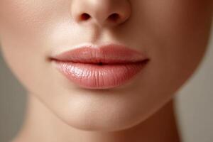 Close-up view of smooth, hydrated lips with subtle gloss and natural tone photo