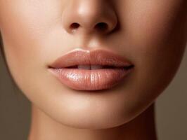 Natural beauty showcased with perfect lip gloss in a soft lighting environment photo