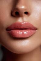 Glossy lips with a natural shine in close-up view capturing beauty photo
