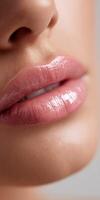 Close-up of smooth, glossy lips reflecting soft lighting in neutral tones photo