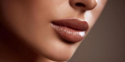 Detailed close-up of healthy lips with a glossy finish in soft lighting photo