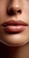 Close-up of glossy lips with natural skin tone under soft lighting photo