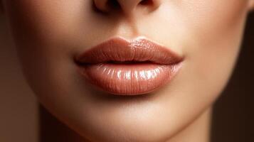 Close up of smooth, glossy lips with natural makeup for beauty aesthetic photo