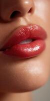 Close-up view of beautifully shaped lips with glossy finish in soft light photo