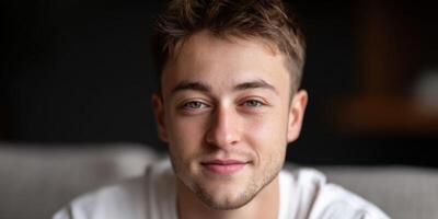 Young man smiling in cozy indoor setting with soft lighting photo