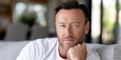Man posing thoughtfully indoors with a warm expression and relaxed demeanor photo