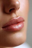 Close-up view of soft, glossy lips with a natural look and smooth skin texture photo