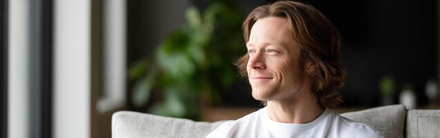 Man enjoying quiet moment indoors with natural light and greenery photo