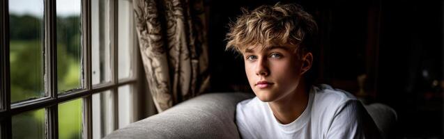 Young man sitting by a window with natural light in a cozy interior setting photo