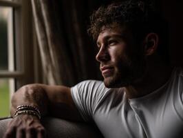 Man in white shirt gazes contemplatively out a window in quiet room photo