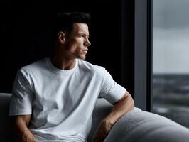 Man contemplating by the window in a modern room during cloudy day photo
