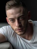 Young man with striking eyes relaxing indoors during evening light photo