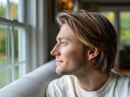 Man gazing thoughtfully out of a window in a cozy home setting photo