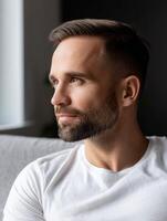 Man sitting indoors with thoughtful expression in natural light photo