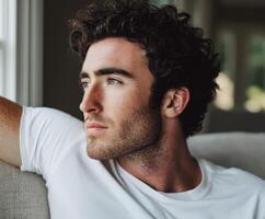 Young man with curly hair looking thoughtfully out of a window in a cozy setting photo