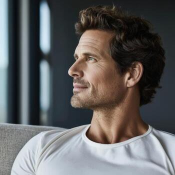 Man with curly hair looking thoughtfully out the window in a modern room photo