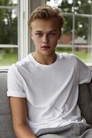 Young man sits on a couch by the window with serene expression photo