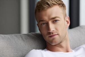 Young man relaxes on a couch in a modern indoor setting during daytime photo