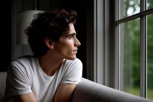 Young man reflecting while gazing out window on a rainy day photo