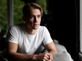 Young man contemplatively sitting on a gray couch by the window in natural light photo