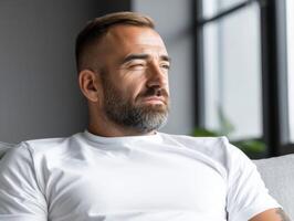 Man in white shirt sitting indoors reflecting quietly during the day photo