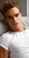 Young man relaxing indoors with a casual style and confident expression photo