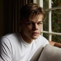 Young man gazing thoughtfully near a bright window in soft natural light photo