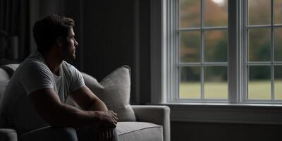 Man gazing thoughtfully out of a window in a cozy living room during autumn photo