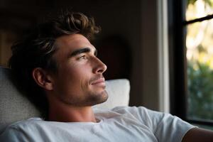 Man in casual attire gazes thoughtfully out the window during morning light photo