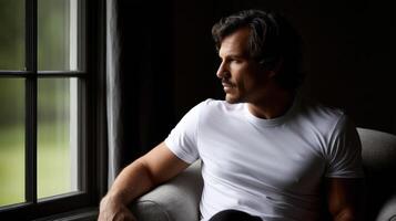 Man gazes thoughtfully out the window in a cozy indoor setting photo