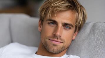 Young man relaxes on couch with a calm expression in a cozy environment photo