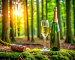 A glass of champagne and a bottle of wine with forest on bubble background.A glass of champagne and a bottle of wine with forest on bubble background. photo