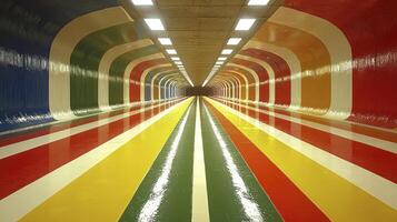 A long tunnel with a rainbow stripe pattern on the floor photo